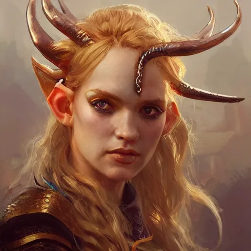 Image similar to A head-on detailed oil portrait of a distinguished elf woman with small curly copper horns, long blonde hair and bright irises, by greg rutkowski, trending on artstation, dungeon and dragons art