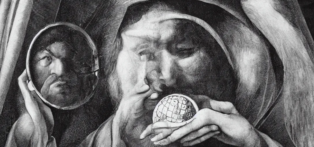 Image similar to a renaissance gypsy fortune teller gazing into a crystal ball in the style of Michelangelo, symmetrical face