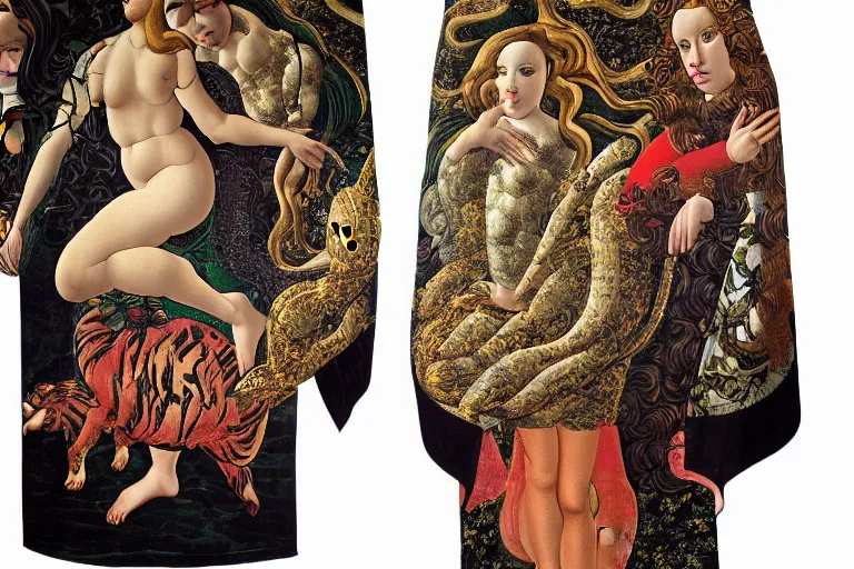 Prompt: birth of venus gucci versace tiger print intricate modern textiles cloak tunic streetwear cyberpunk sandro botticelli