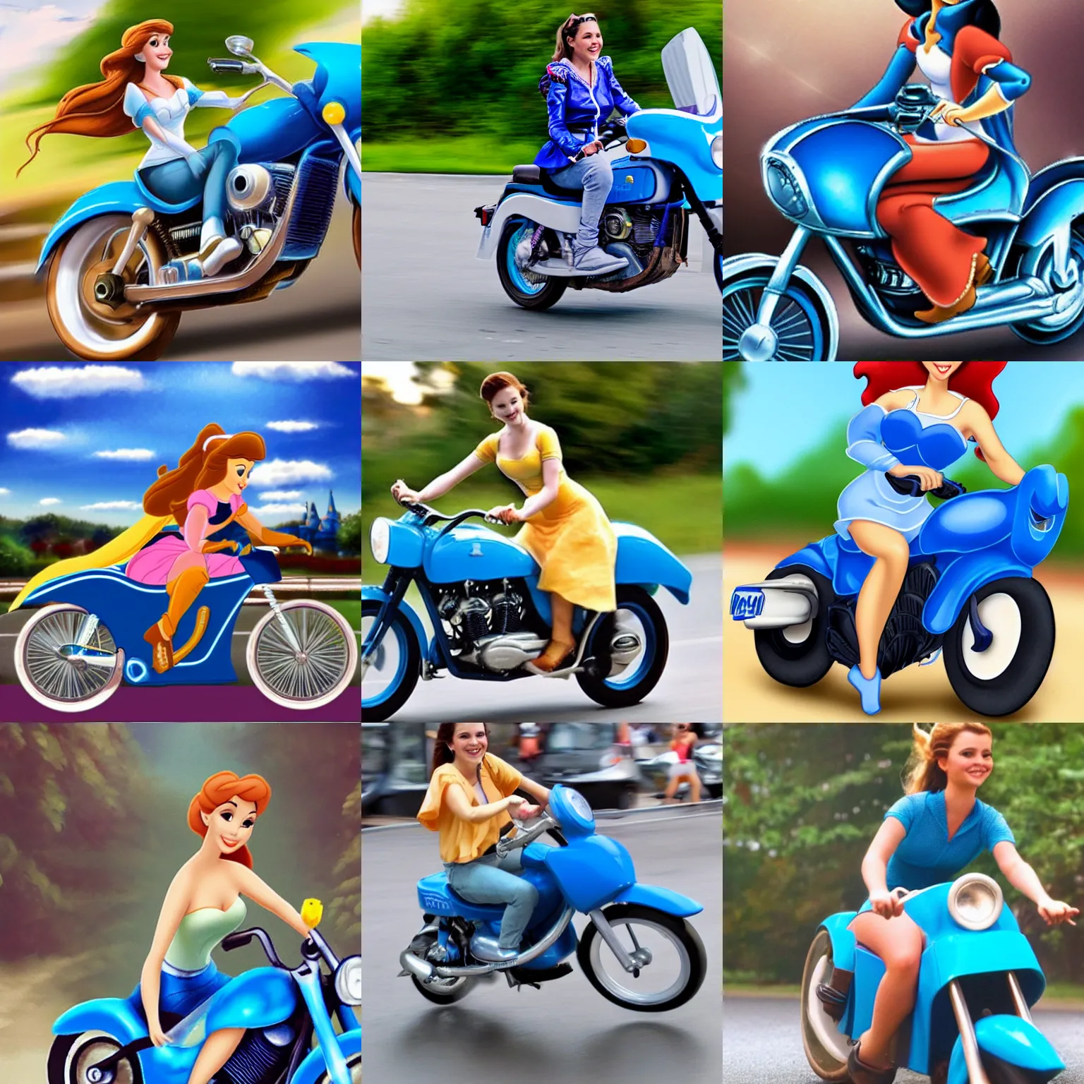 Prompt: Disney princess riding a blue motorbike at high speed