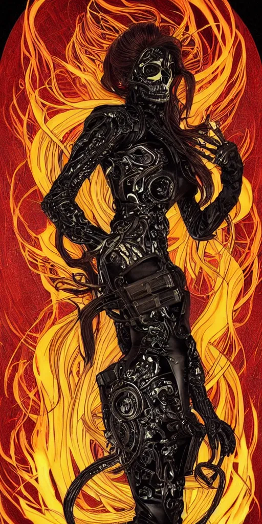 Image similar to a finely detailed beautiful!!! feminine cyberpunk ghost rider with skull face and long flowing hair made of fire and flames, dressed in black leather, by Alphonse Mucha, designed by H.R. Giger, legendary masterpiece, stunning!, saturated colors, black background, full body portrait, zoomed out to show entire image, trending on ArtStation