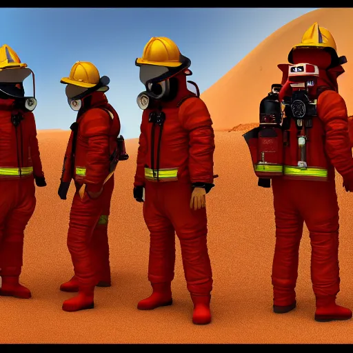 Prompt: fireman on arrakis, firemen in stillsuits, arrakis, dune, desert planet, fremen firemen, ultra detailed, 4 k, 8 k, stillsuits