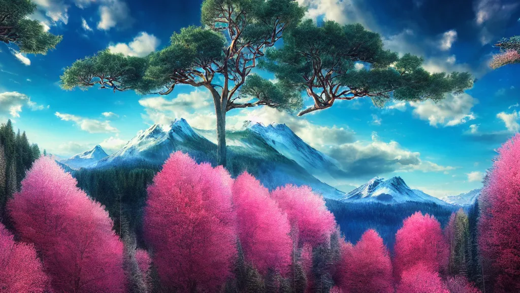 Prompt: a photorealistic portrait, stunningly beautiful colorful fantasy landscape, professionally retouched, soft lighting, hyper realistic, big mountains, trees, deciduous trees, coniferous trees, beautifully detailed blue sky, pink clouds, wide angle, sharp focus, 8 k high definition, 6 4 megapixels, insanely detailed, hyper detailed, stunningly beautiful