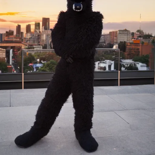 Image similar to a black anthropomorphic male fox furry wearing a fancy suit in the city at sunset, modern anime style