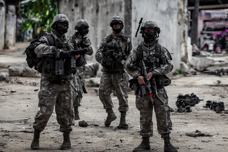 Image similar to Mercenary Special Forces soldiers in grey uniforms with black armored vest and black helmets in urban warfare in Cambodia 2022, Canon EOS R3, f/1.4, ISO 200, 1/160s, 8K, RAW, unedited, symmetrical balance, in-frame, combat photography