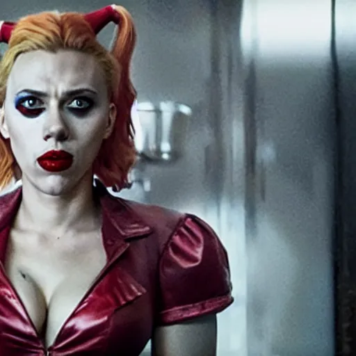 Prompt: film still of Scarlett Johansson as Harley Quinn in the new Joker movie