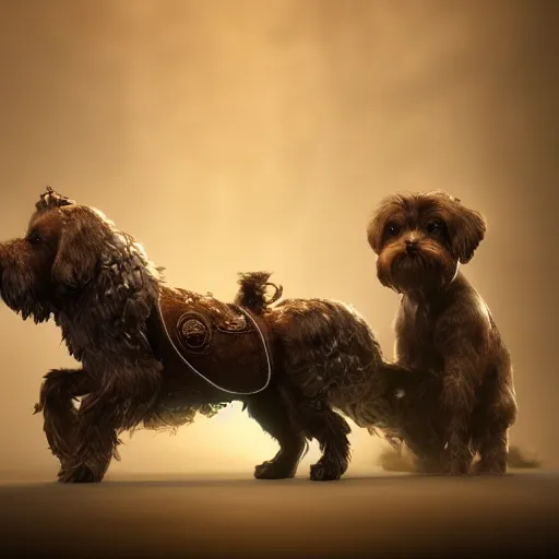 Prompt: little havanese dogs pulling a giant elegant carriage, trending on artstation, dramatic lighting, octane render, weta digital, micro details, 3 d sculpture, structure, ray trace, insane details, intricate, elite, ornate,