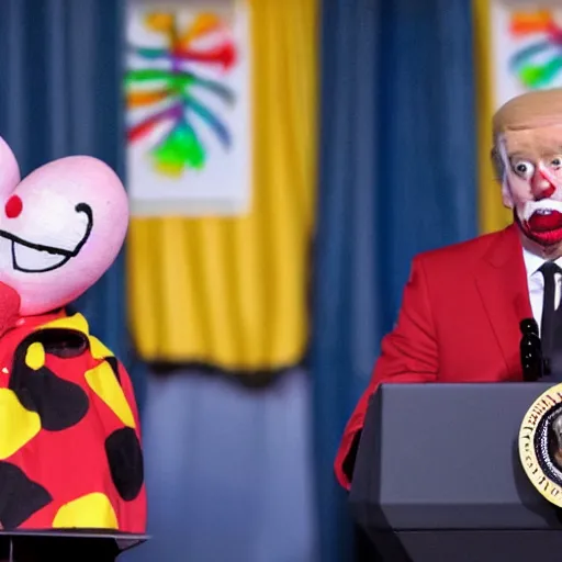 Image similar to president with clown makeup in a podium as the puppet of a human shadow