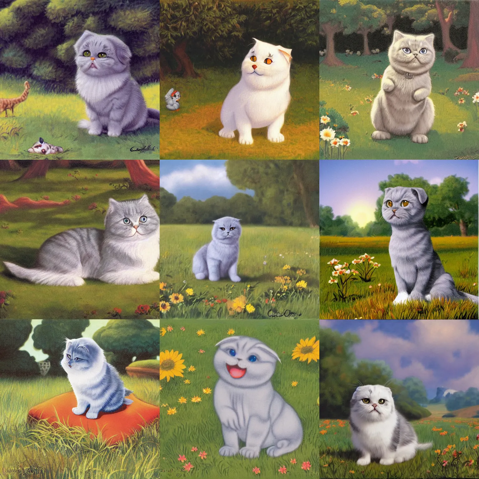 Prompt: a gray scottish fold sitting in the middle of sunny meadow, by carl barks