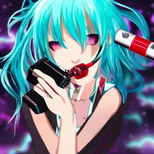 Prompt: hatsune miku being high with bloodshot eyes smoking weed with a vape pen. a room full of smoke