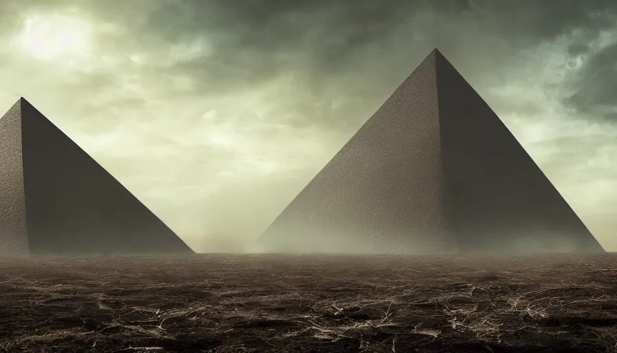 Image similar to a vast wasteland, 1 colossal black pyramid, dried leaves, dark clouds, cinematic lighting, trending on artstation, national geographic photography, digital painting, elaborate matte painting