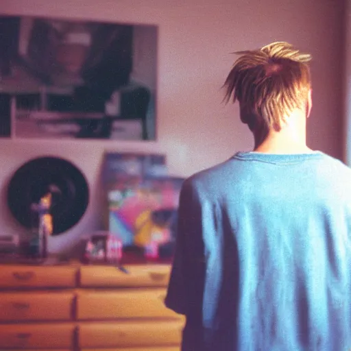 Prompt: kodak portra 4 0 0 photograph of a skinny blonde guy standing in cluttered 9 0 s bedroom, back view, moody lighting, telephoto, 9 0 s vibe, blurry background, vaporwave colors, golden ratio, faded!,