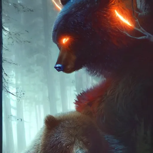 Image similar to dark scene of a bear warrior, surrounded by glowing eyes in the forest, realistic shaded lighting poster by ilya kuvshinov katsuhiro otomo, magali villeneuve, artgerm, jeremy lipkin and michael garmash and rob rey