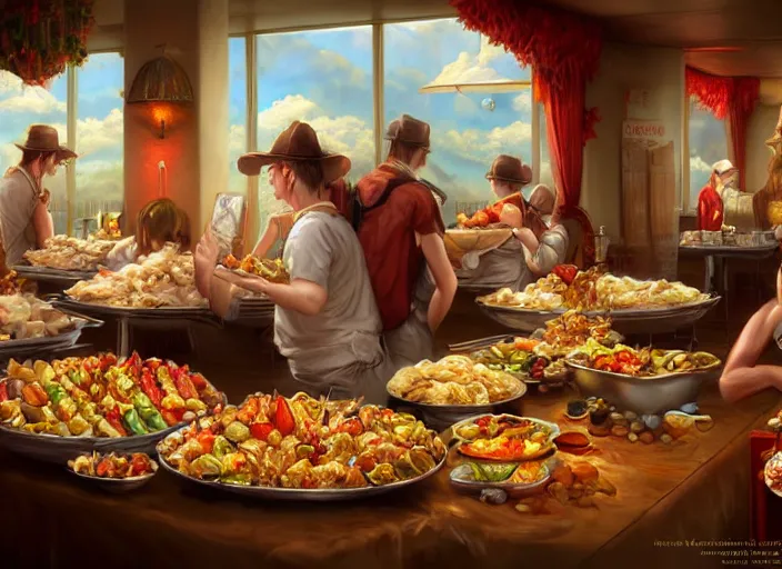 Prompt: the buffet at golden corral, nature painting, elegant intricate digital painting artstation concept art by mark brooks and brad kunkle detailed