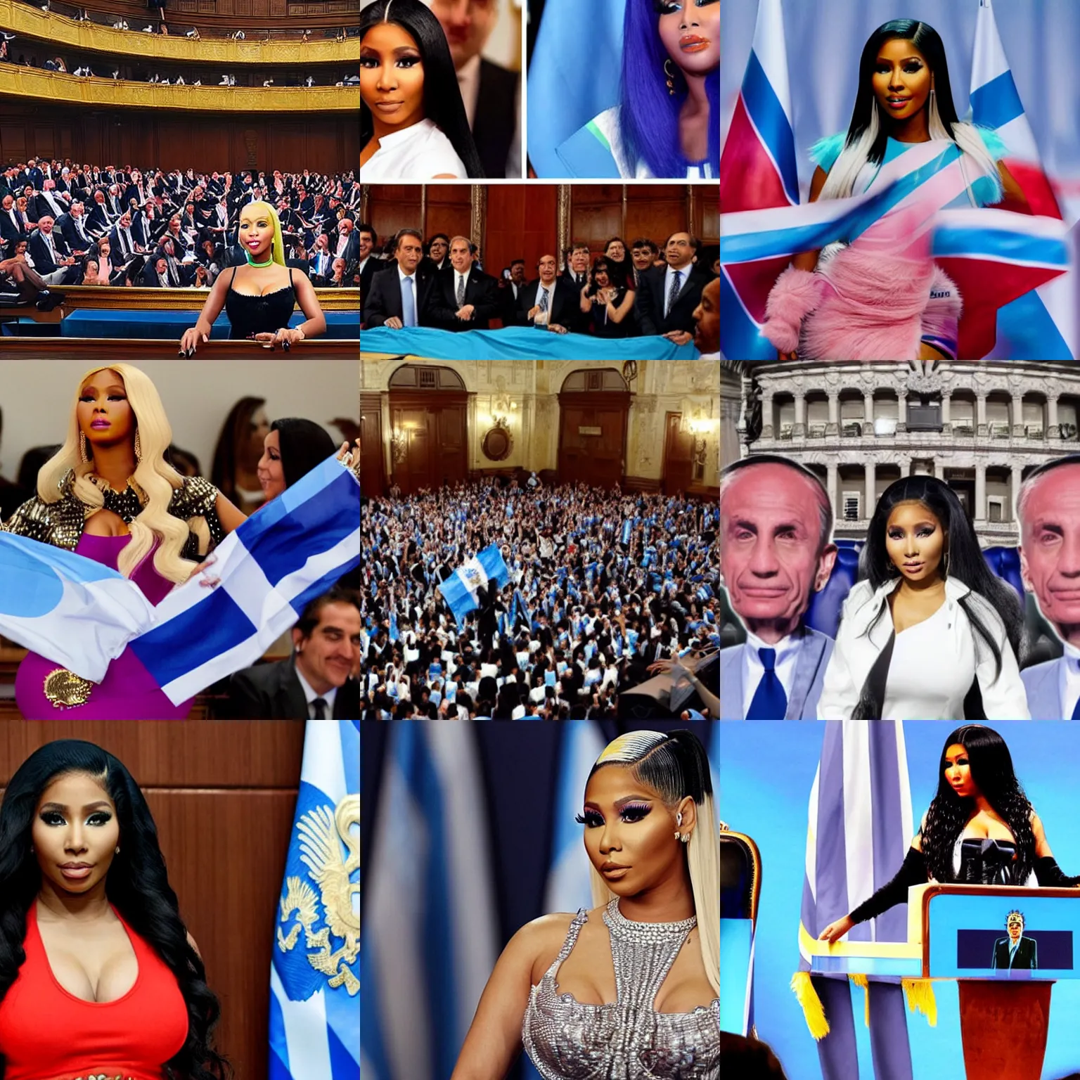 Prompt: Nicki Minaj as an Argentinian politician, in the Argentine Congress, flags of Argentina behind, detailed picture