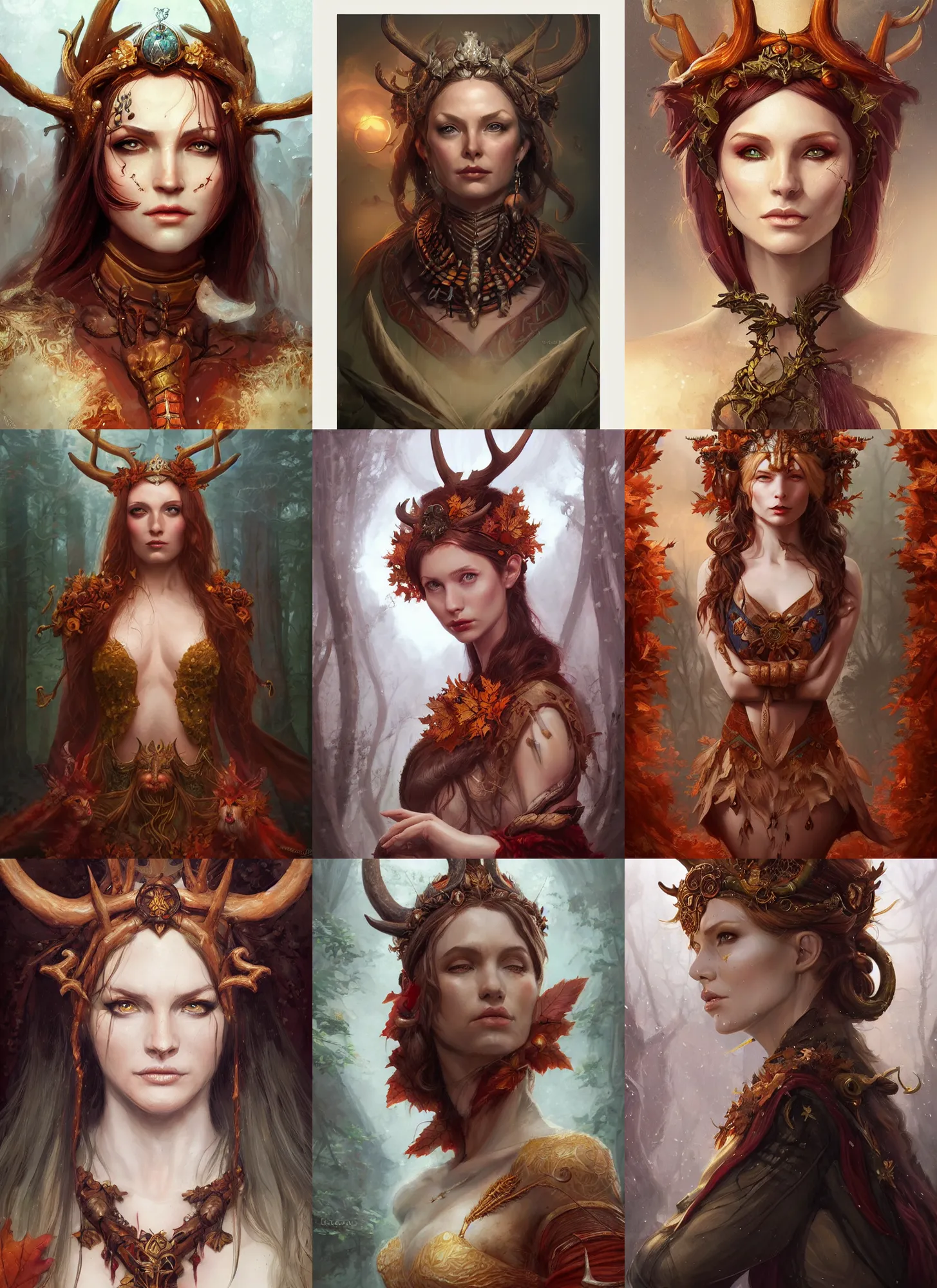 Prompt: autumnal empress, cernunnos, genevieve o'reilly, d & d, fantasy, portrait, highly detailed, digital painting, trending on artstation, concept art, sharp focus, illustration, art by artgerm and greg rutkowski and magali villeneuve