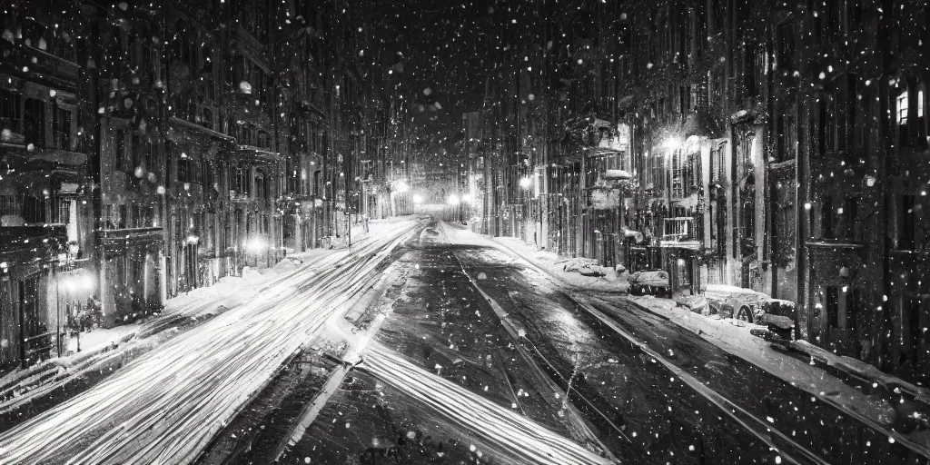 Prompt: a city street at night, snowing, photograph, cyberpunk, sharp focus, intricate detail, Desolate, drone shot, high resolution, 8K