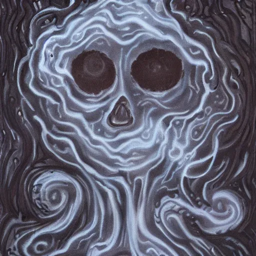 Image similar to a dark storm cloud made out of hundreds of sad ghostly faces. berserk. lovecraftian. painting.