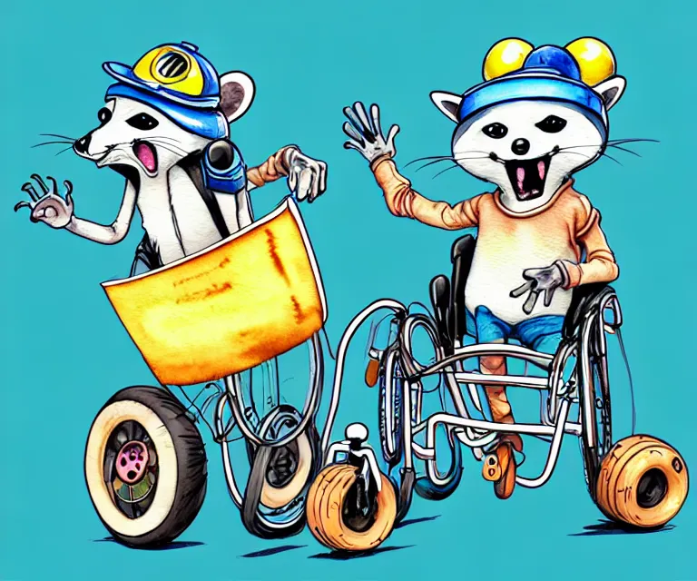 Prompt: cute and funny, racoon waving wearing a helmet riding in a tiny motorized wheelchair, ratfink style by ed roth, centered award winning watercolor pen illustration, isometric illustration by chihiro iwasaki, edited by range murata