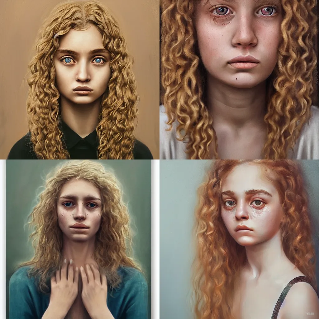 Prompt: curly blonde haired girl, teary eyes, highly detailed, beautiful portrait by Aykut Aydogdu