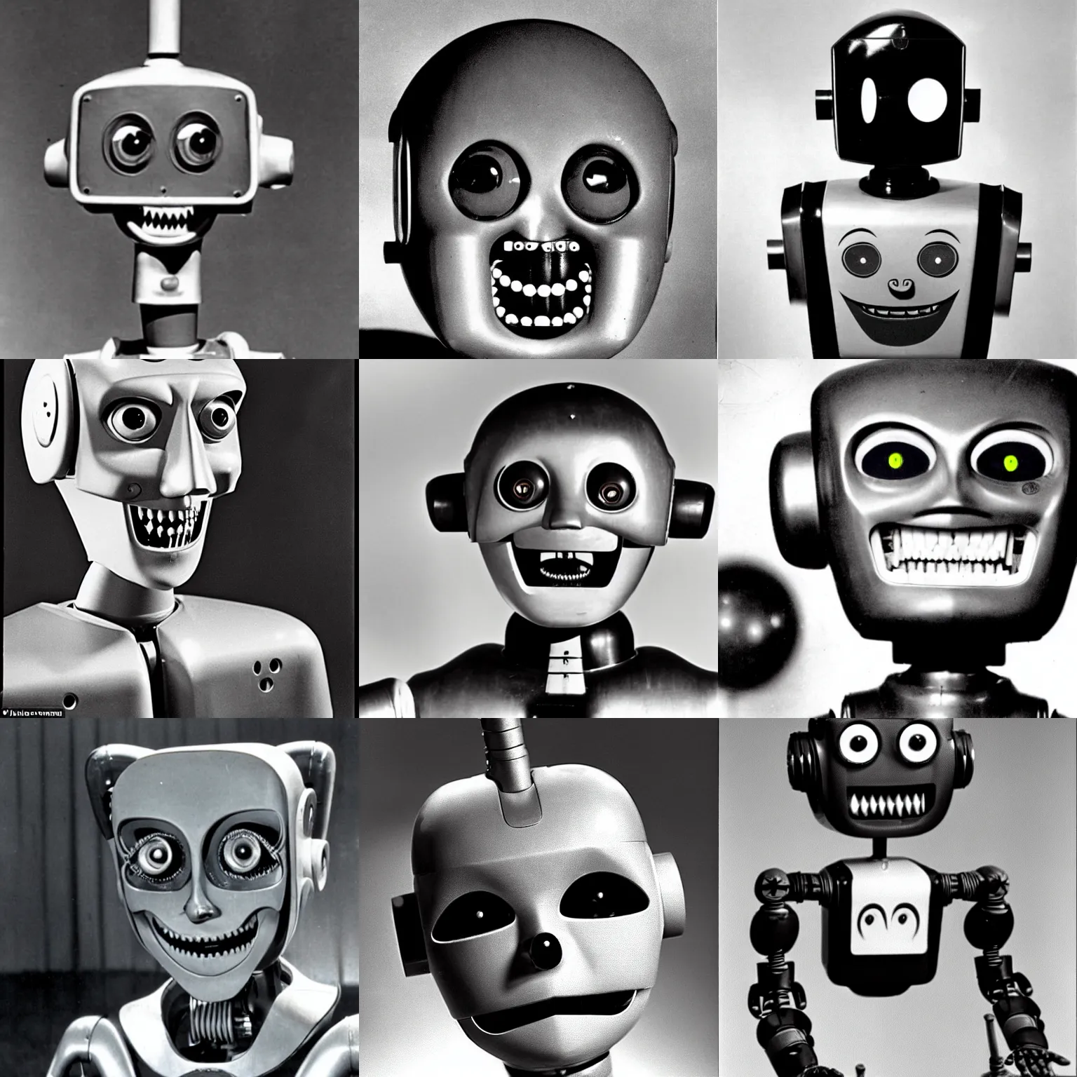 Image similar to a creepy unsettling robot created in 1950. scary teeth, wide eyes with small pupils, uncanny valley