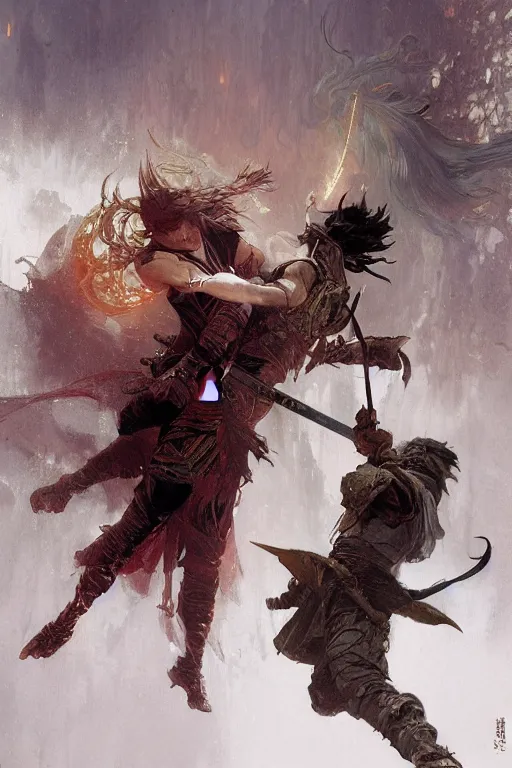 Image similar to An epic fight moment between a demon slayer with female skilled samourai in style of by gaston bussiere, and craig mullins and greg rutkowski and alphonse mucha, awesomenes , concept art world,