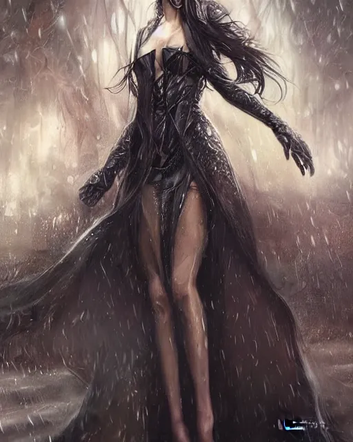 Image similar to a beautiful female, 8 k, hyperrealistic, hyperdetailed, modern clothes full length body, dark fantasy, dark street walking, rain, fantasy portrait by laura sava