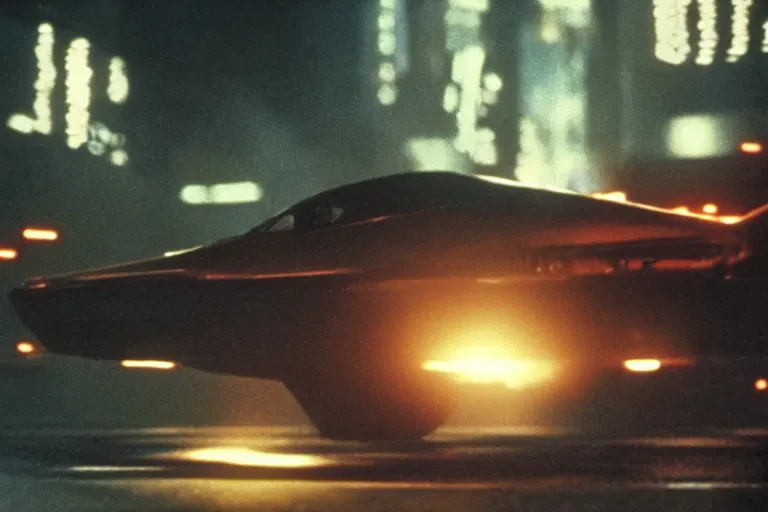 Image similar to film still of a flying Ferrari in Bladerunner, 8k,