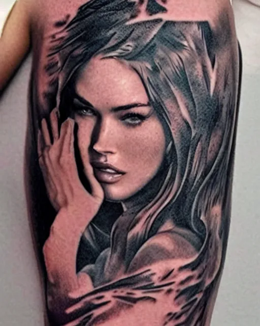 Image similar to creative double exposure effect tattoo design sketch of megan fox faded in beautiful mountain scenery, realism tattoo, in the style of matteo pasqualin, amazing detail, sharp