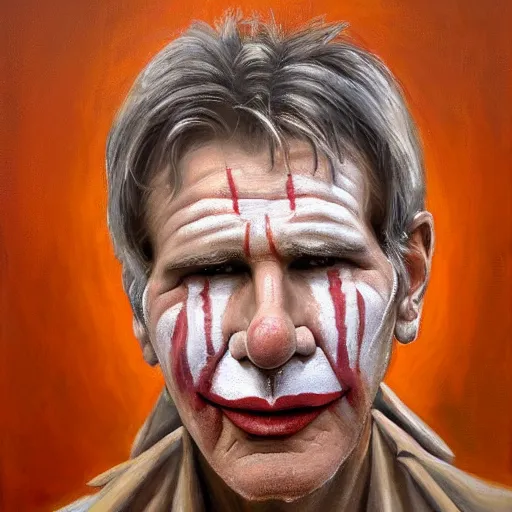 Image similar to stunning serene portrait of a young Harrison Ford wearing a clown suit by Mark Arian, oil on canvas, masterpiece, realism, piercing gaze, autumn bokeh