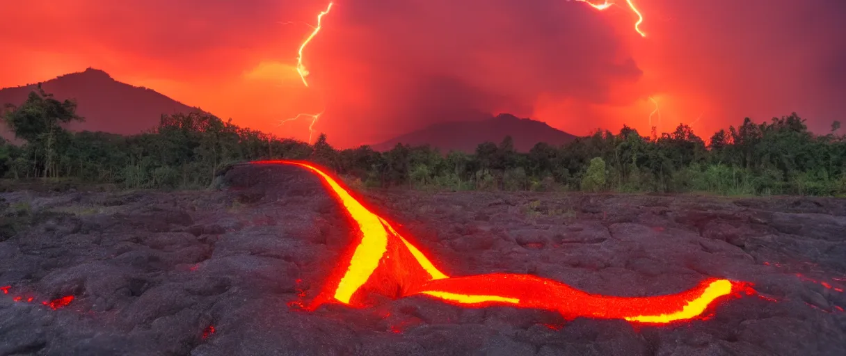 Image similar to lava flowing trough the amazone lightning clouds, sunset, mountains, 4 k, hd, explosive, colorfull