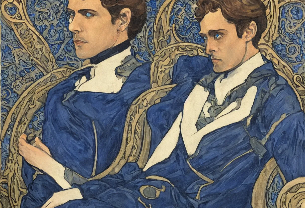 Image similar to art nouveau portrait of paul atreides with glowing blue eyes