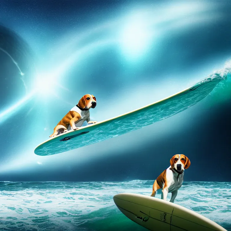 Image similar to beagle dog surfing a surfboard on a crashing l wave of alien ocean in space, background is an alien galaxy, aliens in the background, alien colors, octane render, unreal engine, wide view, 8 k, high detaild