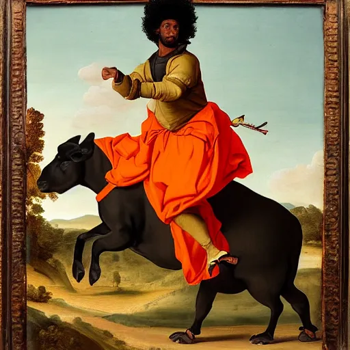 Image similar to photograph of a black man with afro hair wearing an army green adidas jacket riding an orange colored bull!!, renaissance style painting