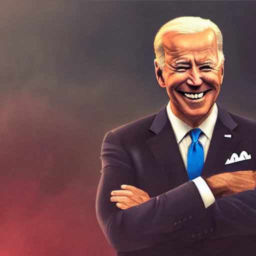 Image similar to joe biden smiling while behind him the world is burning, dramatic lighting, cinematic, establishing shot, extremly high detail, photorealistic, cinematic lighting, artstation, style by James Gurney