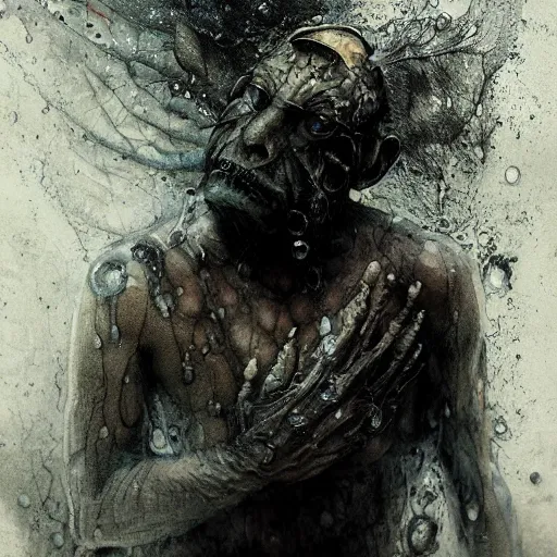 Image similar to wet collodion photography of innsmouth dweller mutant fishman sailor old man with gills and scales creatures from the deep ocean by emil melmoth zdzislaw beksinki craig mullins yoji shinkawa realistic render ominous detailed photo atmospheric by jeremy mann francis bacon and agnes cecile ink drips paint smears digital glitches glitchart