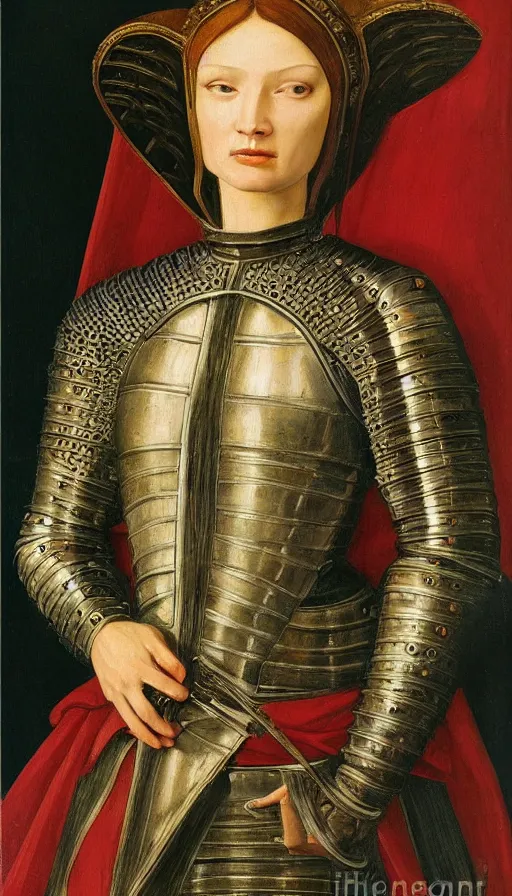 Image similar to beautiful female knight,oil painting in renaissance style,very detailed