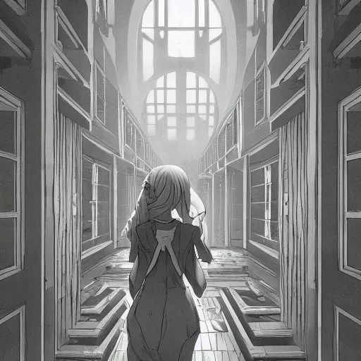 Image similar to a creepy woman walking through a bright white staircase with many doors and hallways, mc escher architecture, very detailed background, epic composition, anime key visual, anime style, by makoto shinkai