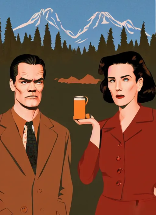 Prompt: Twin Peaks art, of Michael Shannon dressed as mechanic talking to Jennifer Connelly wearing light blue diner waitress dress, poster artwork by Sam Weber, Laurent Durieux, Katherine Lam from scene from Twin Peaks, simple illustration, domestic, nostalgic, from scene from Twin Peaks, clean, New Yorker magazine cover