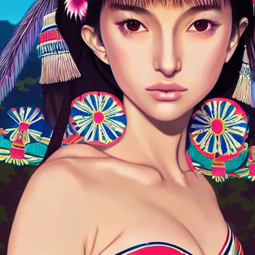 Image similar to a beautiful young japanese natalie portman alluring gravure model, stylized concept art, wearing elegant designer bomber jacket and one piece bikini, bomber jacket with mesoamerican patterns, mesoamerican native street fashion, princess mononoke, painted by ilya kuvshinov aesthetic, gorgeous, stunning, alluring, attractive, artstation, pinterest, digital art