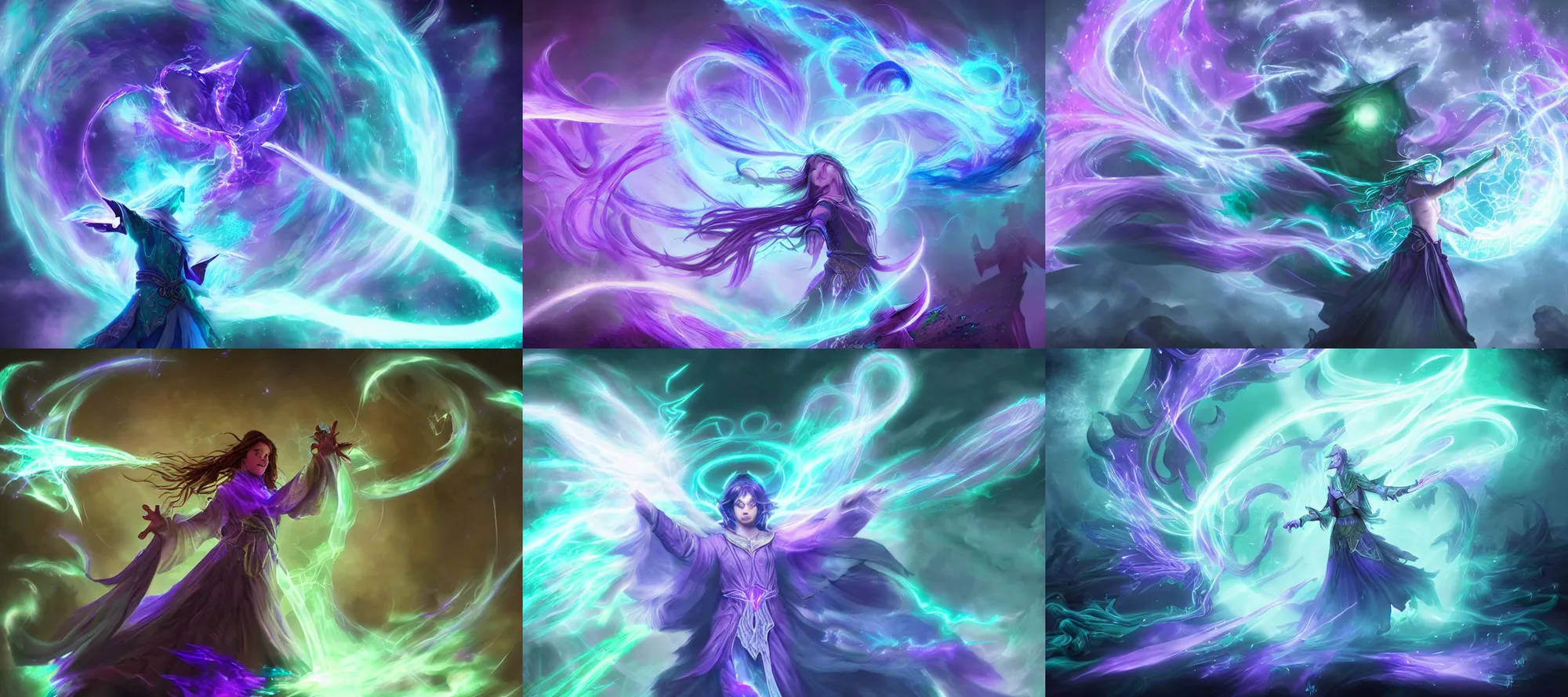 Prompt: a mage channeling arcane magicks, soft wisps of mystical energy in the air, d & d fantasy digital art, blue and violet and green, hd, 4 k, 8 k