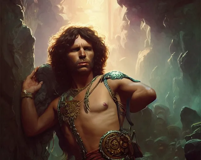 Image similar to jim morrison, 8 k, deep focus, d & d, fantasy, intricate, elegant, highly detailed, digital painting, artstation, concept art, matte, sharp focus, illustration, hearthstone, art by artgerm and greg rutkowski and alphonse mucha