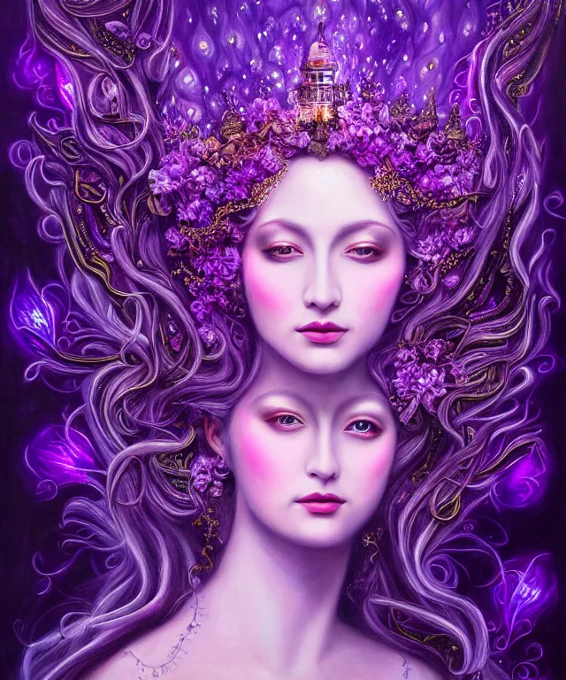 Image similar to ultra detailed, magical realism, portrait painting, of the beautiful empress within the enchanted purple forest, glowing purple, volumetric lighting, illusion, intricate details, by whitney sherman.