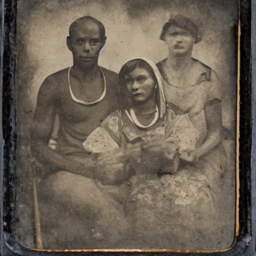 Prompt: Tintype photograph of primitive found objects displayed in an ethnographic museum, archive material, anthropology, 1920s studio lighting.