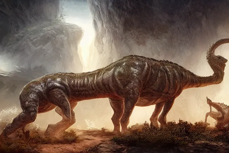 Prompt: the most amazing dream you ever had about cenozoic paleoart, hyper realistic, ambient lighting, concept art, intricate, hyper detailed, smooth, dynamic volumetric lighting, octane, cinematic