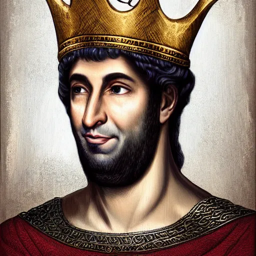 Prompt: head and shoulders portrait of bachir gemayel as a medieval king, with a golden crown, by artgerm, face detail, extremely detailed, digitial illustration