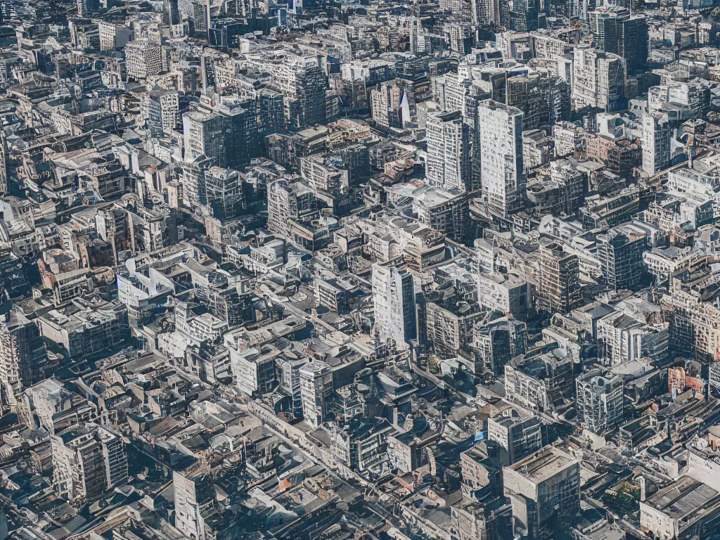 Image similar to drone view of a city, Brutalist concrete architecture, sharp focus,telephoto lens,digital art 4k