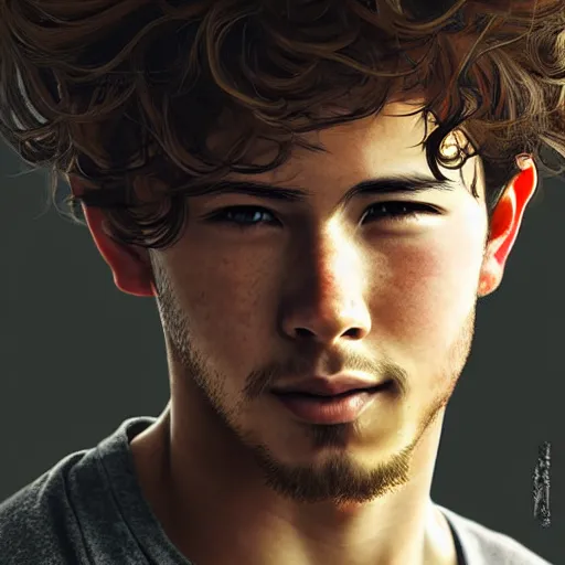 Image similar to Portrait of man with Nick Jonas's Tousled Curls type hair and Javanese-type skin, atmospheric lighting, intricate detail, cgsociety, ambient light, dynamic lighting, anime style by Yusuke Kozaki