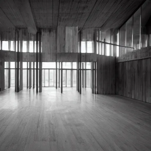 Prompt: interior of a wooden brutalist building