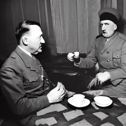 Image similar to a photo of hitler take tea with a muslim, photorealistic, realism, black and white